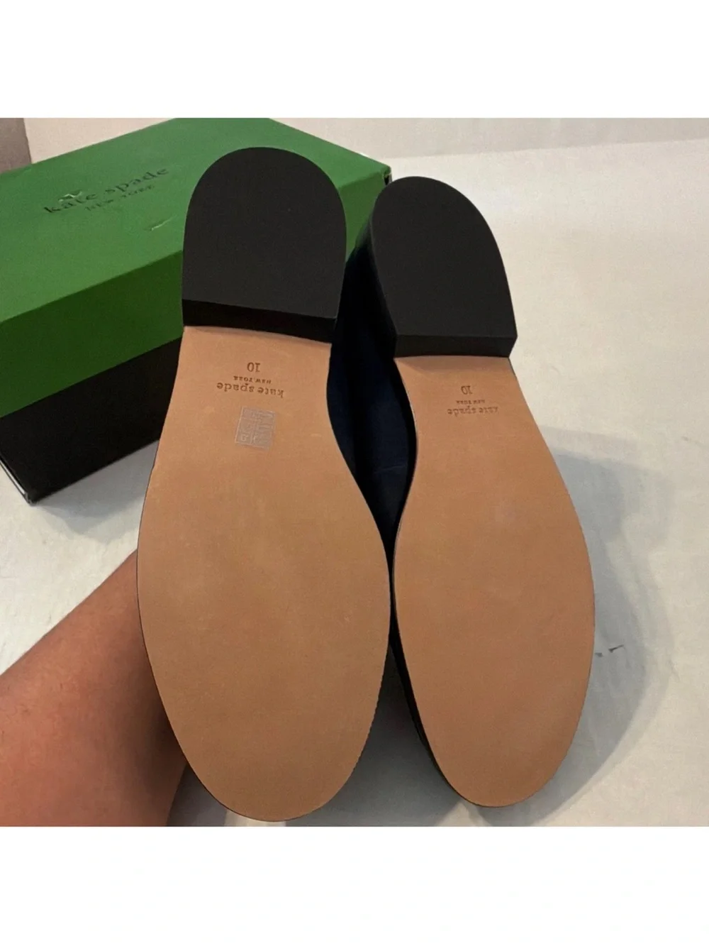 Kate Spade Deco Bow Navy Suede Loafers with Leather Strap and Metal Accent